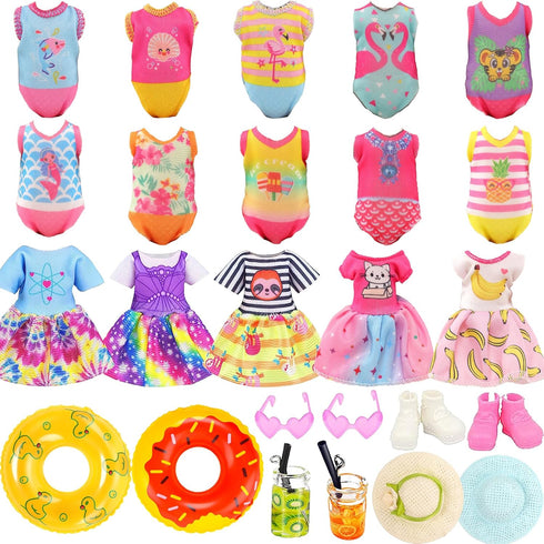 Mini 5.3 Inch Doll Clothes & Accessories Set with 6 Beach Swimsuits, 3 Dresses, 2 Swimming Rings, 2 Drinks, 2 Hats, 2