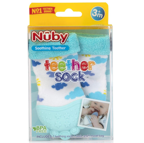 Nuby Soothing Teether Sock - Sky Blue Clouds, 5"