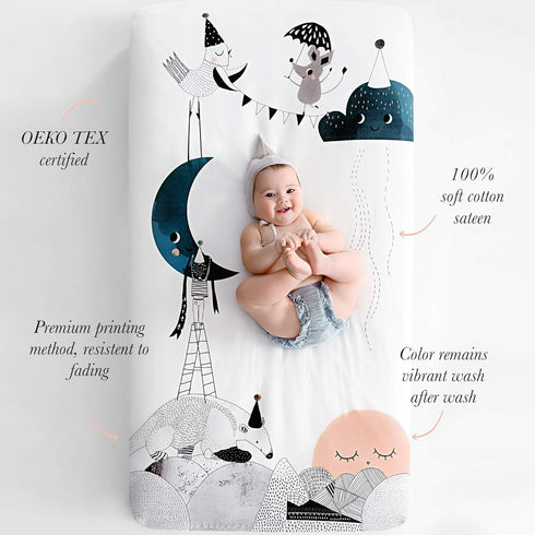 100% (52 28 inches) Rookie Humans Cotton Sateen Fitted Crib Sheet: The Moons Birthday. Modern Nursery, Use as a Photo