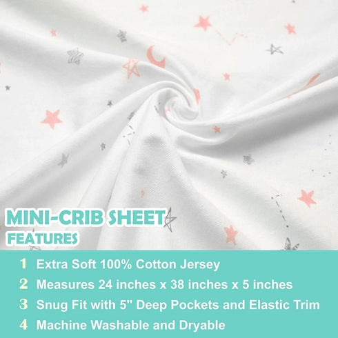 TL Care 100% Natural Cotton Fitted Mini Crib Sheet 38" x 24" - Soft & Breathable, Pink Stars and Moon