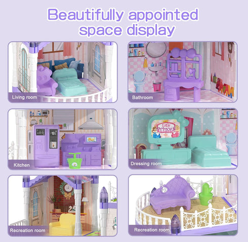 randhar 9 2 3+ Lilac Purple Doll House for Girls, Dream Dollhouse Rooms with Dolls, Animals, Lights, Furniture