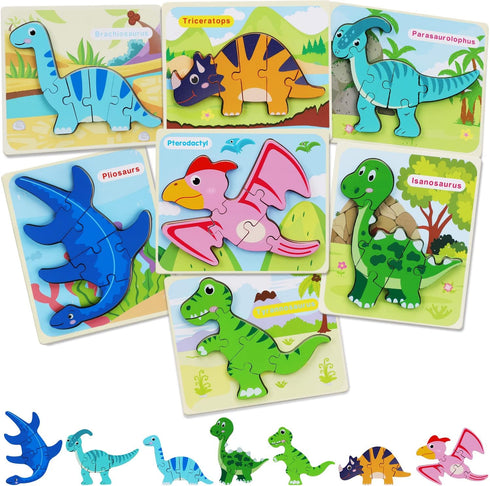 TOY Life Wooden Puzzles for Toddlers Ages 2-4, 7 Piece Dinosaur Puzzle, Educational Toys for Ages 1-3
