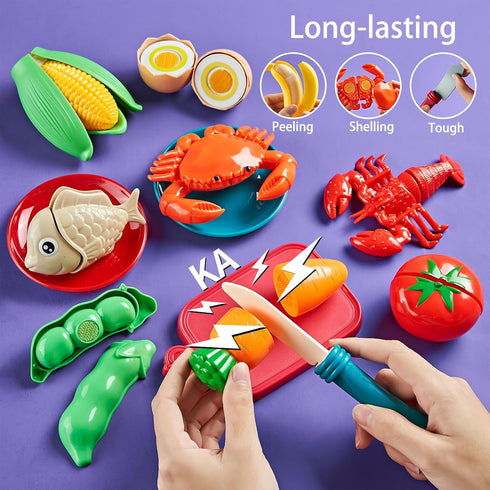 78Pc LAUGIGLE Pretend Play Food for Kids Kitchen, Cutting Toy Food with Storage Bag