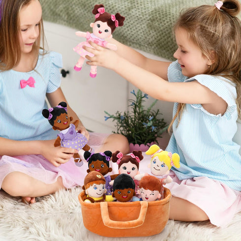 Basket of 8" Plush Diversity Baby Dolls - 6 Piece Set with Interchangeable Clothes for All Ages