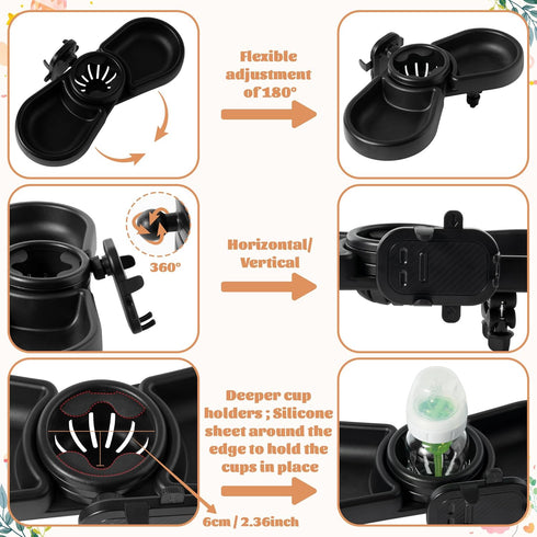 GQIRIL 4-in-1 Universal Stroller Snack Tray - Clip on Strollers Cup and Phone Holder Attachment Accessories, Double