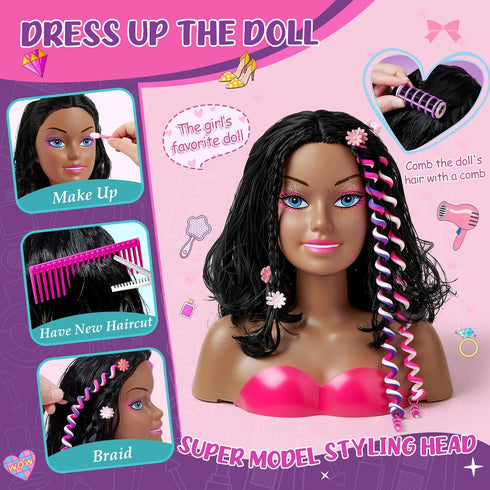 Cleboen 35PCS Playset 3 4 5 6 7 8+ Hair Styling Doll Head Makeup Kit for Girls Toys, Kids Hair Salon Pretend