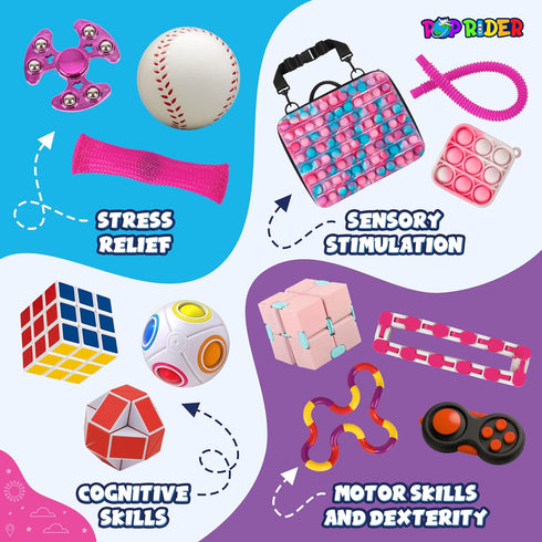 Travel Fidget Case Set - 12 Fidget Toys, Road Trip Activities for Kids, Sensory Toys for Long Trips (Pink)