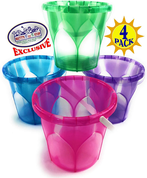 6.5" Set 4 Pack Matty's Toy Stop Beach Gear Opaque Plastic Sand Buckets (Pails) Blue, Pink, Green & Purple Party Bundle
