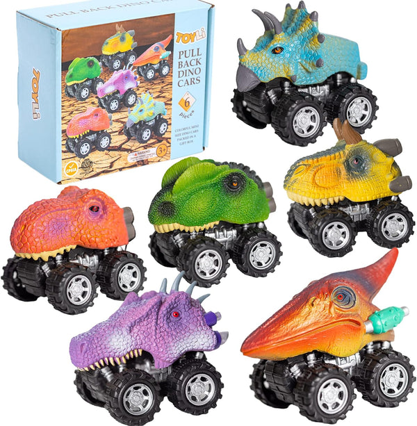 6 Pack Pull Back Dino Cars, Dinosaur Car Toys for Kids, Pull Back Dinosaur Cars Set