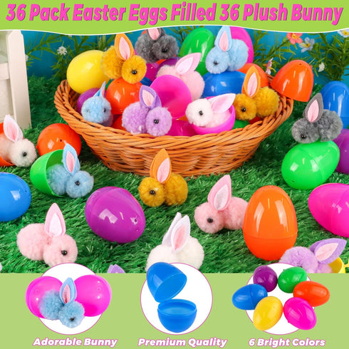 36 Pack Easter Eggs Fillers with Bunny Plush, Easter Basket Stuffers with Toys Inside Filled Mini Stuffed Animals