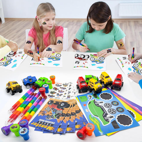 72 Cinrobiye Pcs Monster Truck Party Favors Bulk, Truck Car Coloring Books with Crayons Stickers Stampers Goodie Bag