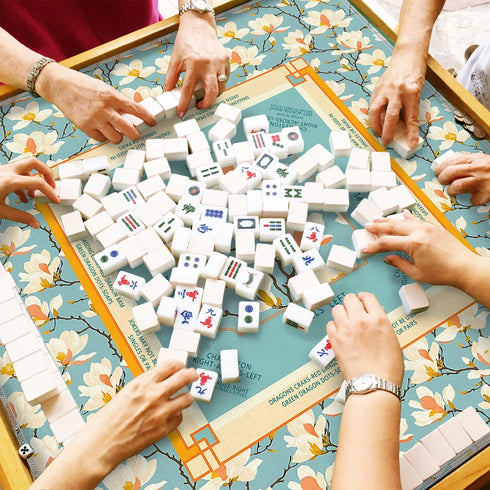 LZYRF 31.5 31.5 Chinoiserie Magnolia Blue Mahjong Mat x in, Traditional Oriental Chinese White Floral Anti Slip