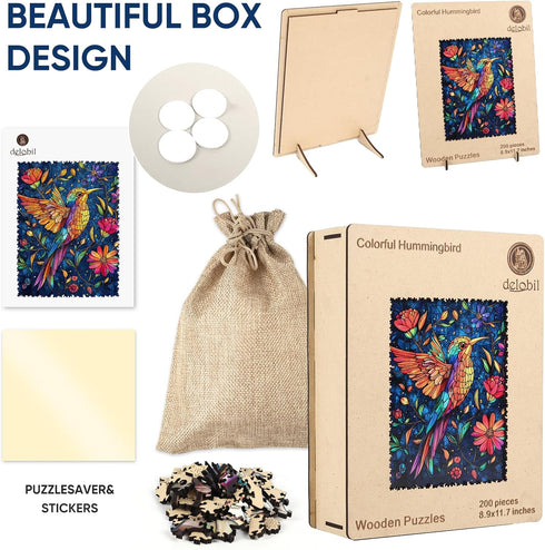 200 Pieces,Hummingbird Hummingbird 11.7x8.8 Inch Delobil Wooden Puzzles for Adults Wooden Puzzles, Unique Shaped Jigsaw