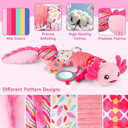 0-6 Tummy 0 3 6 9 12 Baby Girls Toys Months,Infant Sensory Caterpillar Pink Axolotl Baby Musical Rattles Time Toys