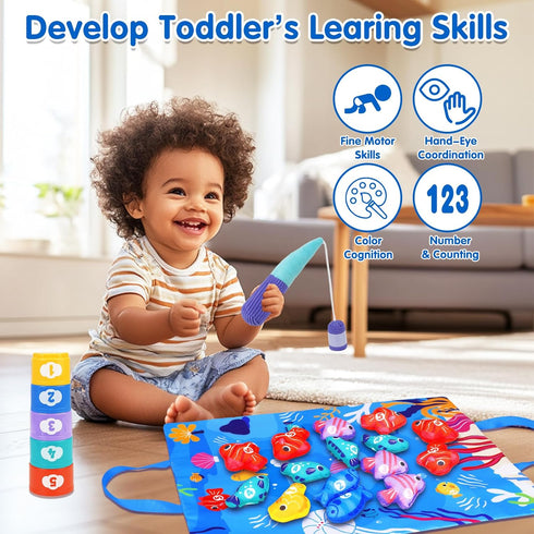 1 12-18 1 2 Arovan Montessori Toys for Year Old - Cloth Fishing Game with Stacking Cups Toddler Toys for One Year Old