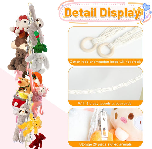 Stuffed Animal Storage Hammock Corner, Hanging Holder with 20 PCS Metal Clips, Boho Organizer Chain for Hats, Socks,