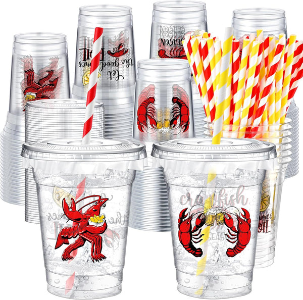 Domensi 50 Pack 12oz Crawfish Boil Plastic Cups with Straws, Disposable Seafood