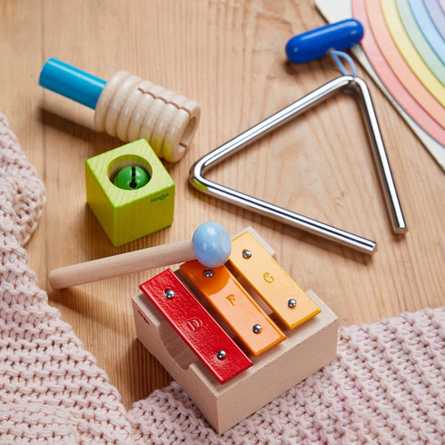 305922 2 HABA Musical Sounds Musical Joy- with Its Triangle, Jingle Bell Block, Mini metallophone and Rattle, Different