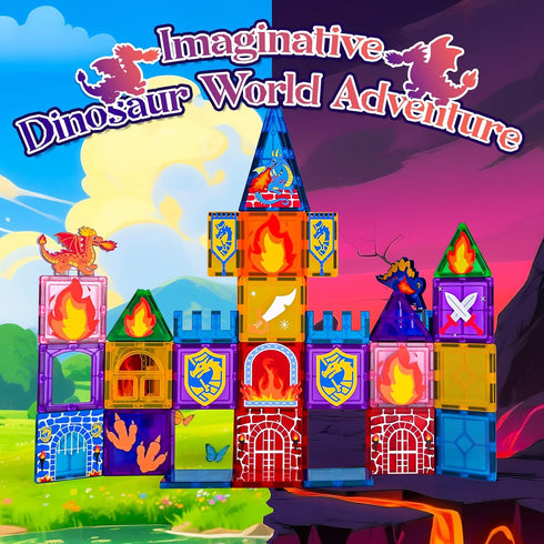 SHXYKZ 3-8, 3D Set Dinosaur Magnetic Tiles, STEM Building Toys for Kids Ages Movable Dragon Castle with Portable