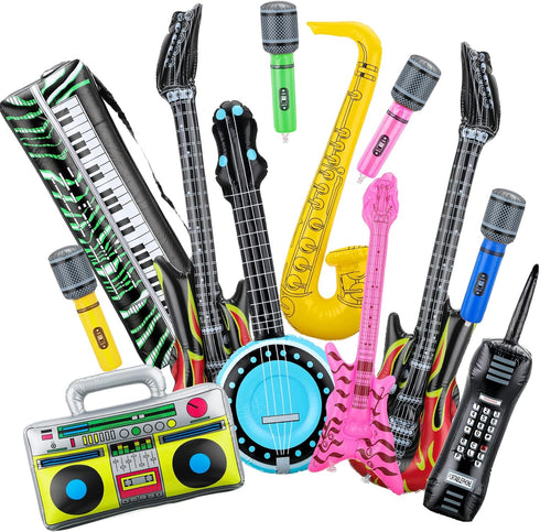 12 Pieces Inflatable Instruments Party Props Set, Rock Star Toy Blow Up Guitars, Saxophone, Bass, Microphones for 80s