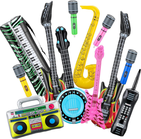 12 Pieces Inflatable Instruments Party Props Set, Rock Star Toy Blow Up Guitars, Saxophone, Bass, Microphones for 80s