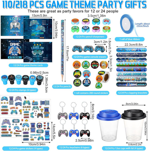 Watersay 218 Set Pcs Video Game Party Favors Includes Drink Cup with Lid Game Card Pencil Sharpener Eraser Stickers