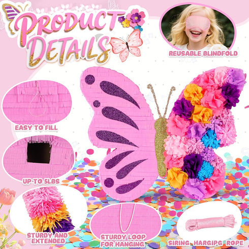 27" Pink Butterfly Pinata for Girls Birthday, Dreamy Floral Party Supplies with Stick, Blindfold & Confetti - Sturdy