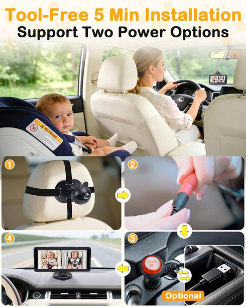 Thybro 1080P 6.8" 2-Kids Setup Dual Baby Car Camera: Night Vision Monitor from Head to Toe at Once - USB Plug & Play