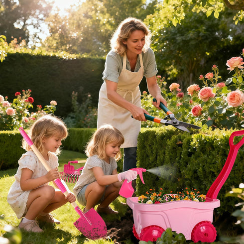 Set Wheelbarrow Set Summer 2 3+ Kids Gardening Tools Outdoor Toys - Backyard Play for Kids with Shovel, Rake, Leaf