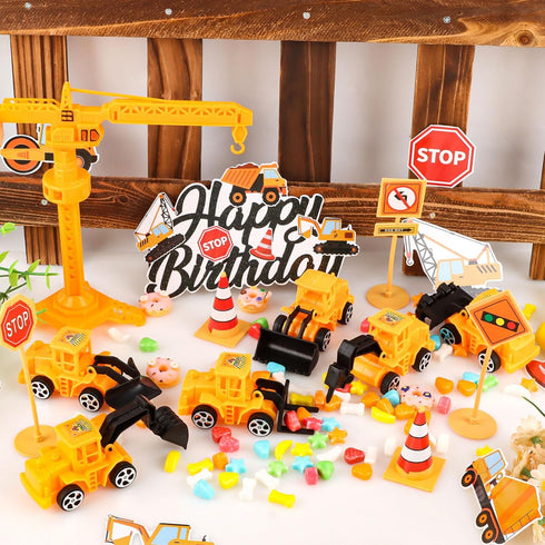 21PCS Set Construction Cake Toppers Truck Cake Decoration Excavator Tractor Tower Crane Cupcake Topper Traffic and Road