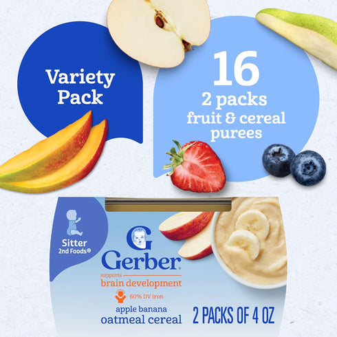2 Pack, 32-Pack Gerber Stage Baby Food, Baby Fruit And Cereal Tubs Variety Iron Helps Support Brain Development, No