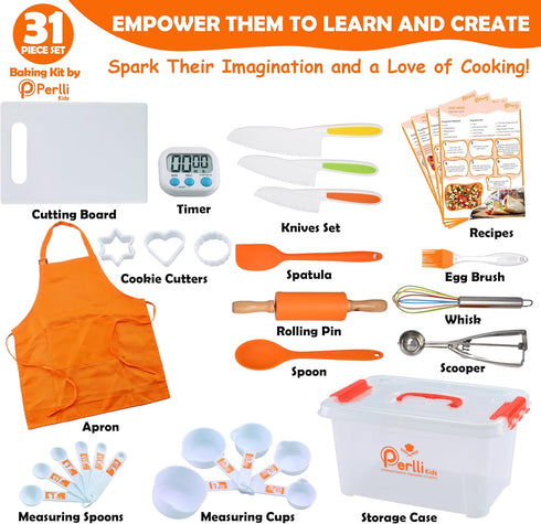 Set 31 Set 6+, PERLLI Kids Real Cooking for Cooking and Baking Pc. Gift for Junior Chef with Real Utensils, Case & Safe