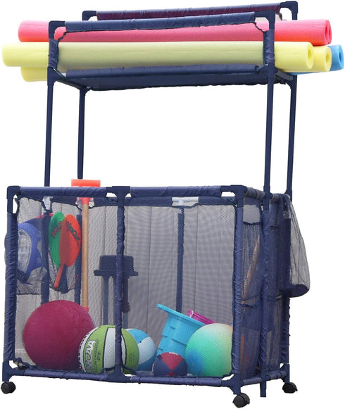 Pool Noodles Holder, Large Mesh Rolling Double Decker Storage Organizer Bin for Toys, Floats, Balls with Noodle Rack