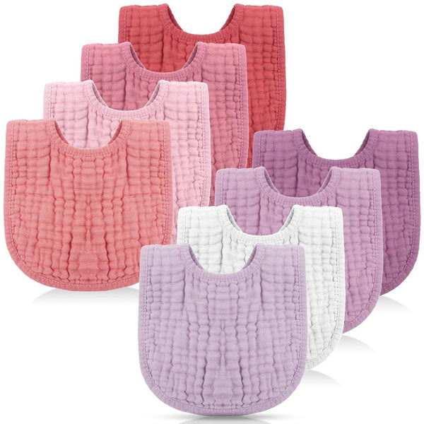 Frienda 8 Pcs Muslin Bibs, Baby Cotton Bandana Drool Bibs, 6 Absorbent Layers, Bulk for Boys Girls Newborn (Pink Purple