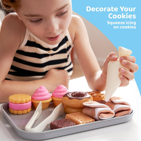 lalalark Set, 17 Sets Cookie Play Food Toddler Pretend Toys, PCS Kitchen Toy Food with Plastic Cookies, Baking Menu