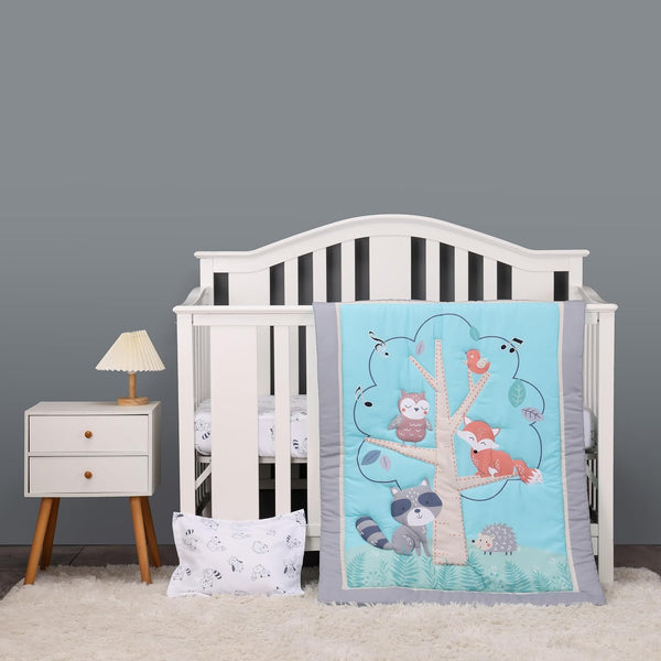 CribMATE Animal Nursery Crib Bedding Set for Boys 3 Pieces Blue Raccoon Fox