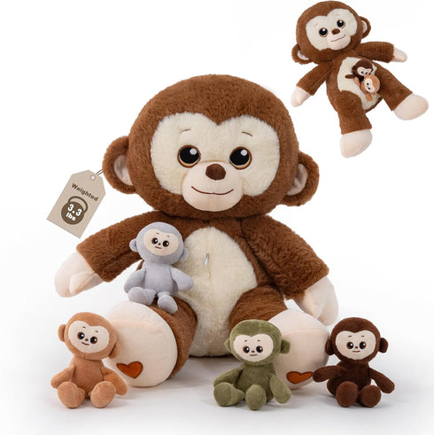 Monkey Stuffed Animals, Mommy Monkey Plush with Baby, 5 Pcs Plush Toy