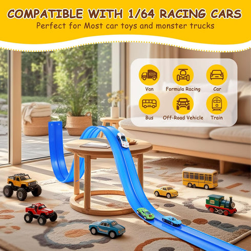 15Ft 4 1:64 4M 3 4 5 6 Flexible Race Track for Kids - Car Track with Vehicle in Scale, DIY Car Ramp Roll Up, Play Race