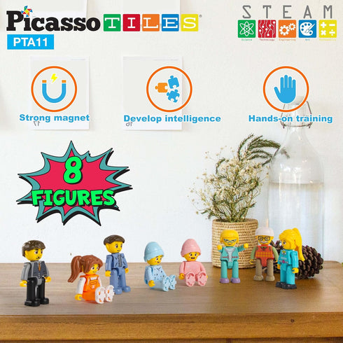 Picasso Toys 8 Piece Magnetic Action Figures Family Character Set for Building Block Tiles, Educational Kit