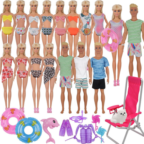 42Pcs Doll Clothes and Swimming Accessories for 12 inch Boy and Girl Dolls, Includes Bikini Swim Suit, Swim Trunks,