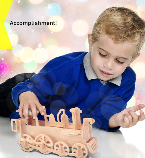 Puzzled 3D Puzzle Rolling Locomotive Train Wood Craft Model Kit, Fun & Educational DIY Wooden Toy, 30 Pieces Pack