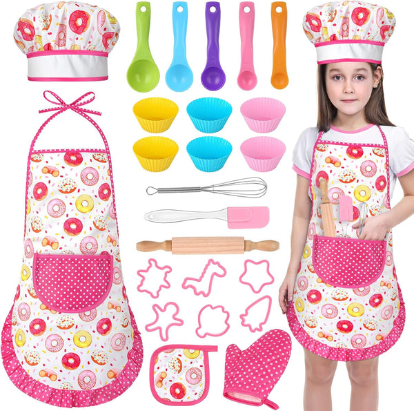 GIFTINBOX Kids Cooking and Baking Chef Set, 25PCS with Kids Apron, Chef Hat & Utensils, Birthday Toys for 3-8 Yr Olds