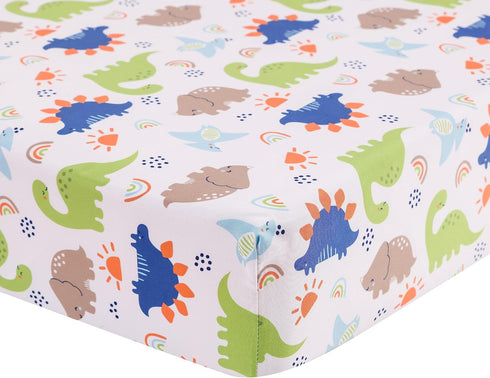 CribMATE 2 Pieces Blue Dino Fitted Crib Sheet for Boys - Blue Green Dinosaur Baby Boy Fitted Crib Sheet