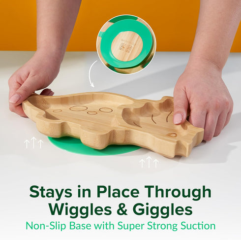 Bamboo Divided Suction Plates for Baby: Strong Non-toxic Eco-Friendly Materials - Dinosaur Design for Toddlers