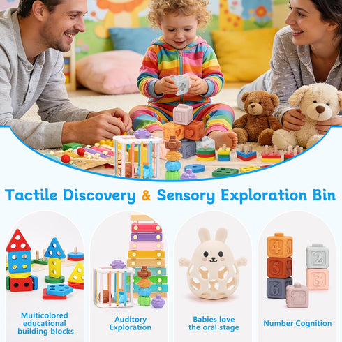 FlufiFiea 6-18 5-in-1 Set 1-3 Baby Toys for Months, Montessori Educational Toy with Soft Teething Toy Stacking Blocks