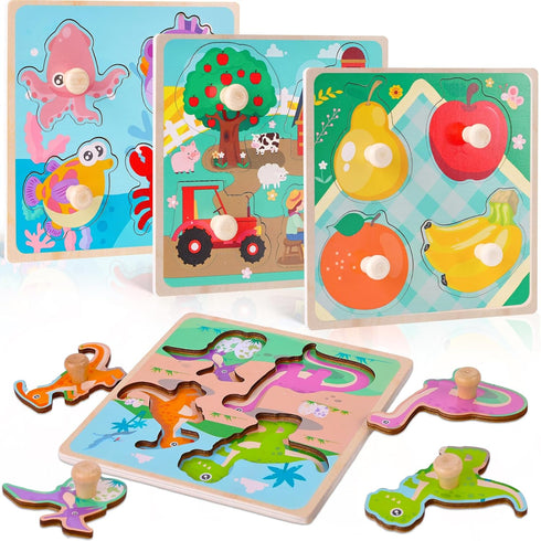 LovesTown 4PCS Wooden Peg Puzzles - Knob Puzzles with Handles for Toddlers Educational Montessori Learning