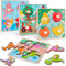 LovesTown 4PCS Wooden Peg Puzzles - Knob Puzzles with Handles for Toddlers Educational Montessori Learning