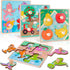 LovesTown 4PCS Wooden Peg Puzzles - Knob Puzzles with Handles for Toddlers Educational Montessori Learning