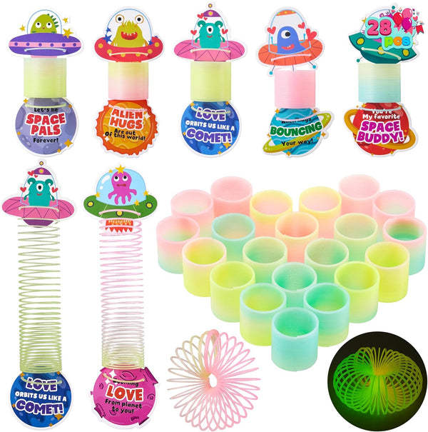 JOYIN 28 Packs Valentines Day UFO Alien Cards with Colored Springs, Stress