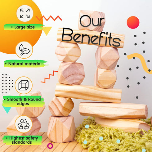 Panda Brothers Wooden Balancing Stones - 20 Large Size Montessori Toys for 3-5 Year Old Kids, Learning Sensory Toy